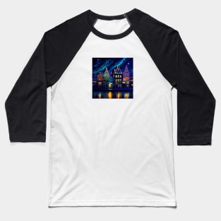 City blocks with lights on by the river side. Baseball T-Shirt